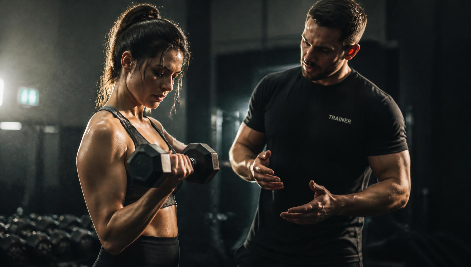 Personal trainer correcting a client's dumbbell technique